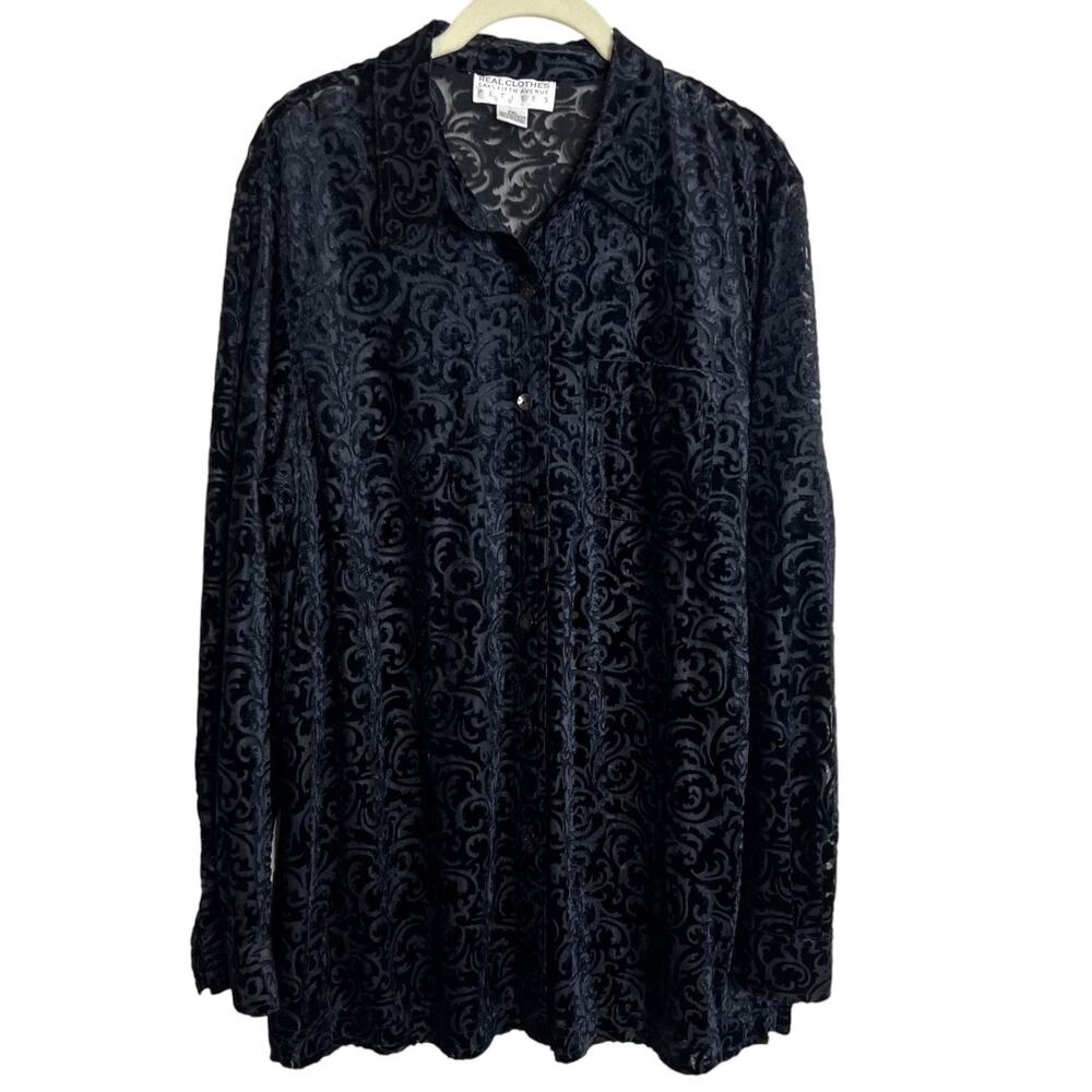 Real Clothes Saks Fifth Avenue Burnout Velvet Blouse PXL Black Button Front